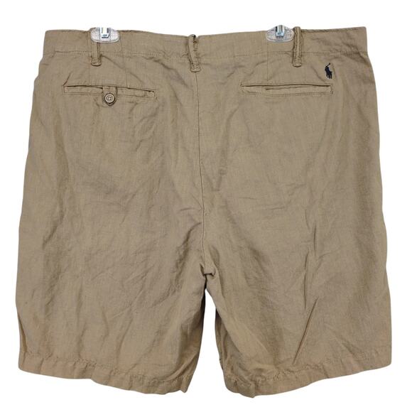 Polo Ralph Lauren Men's 38x8 Shorts Tan Linen Cotton Classic Fit Navy Pony Logo - Picture 2 of 10